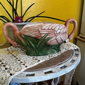 1980s Fitz & Floyd Pink Double Headed 
Flamingo Cachepot / Planter